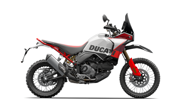 Ducati DesertX Rally wit met rood bij Moto Rotterdam