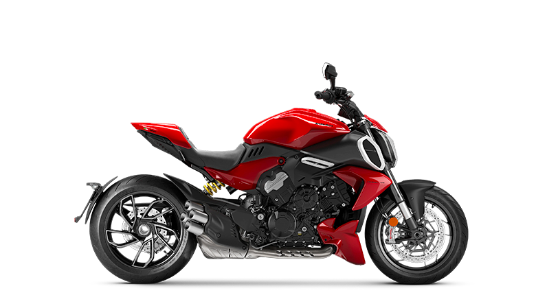 Ducati Diavel V4 rood zijkant aanzicht.